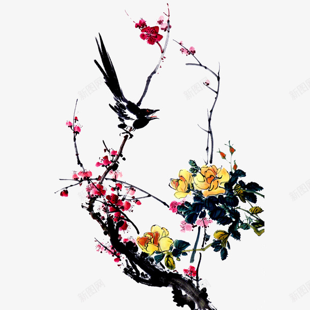 花鸟和鸣图png免抠素材_88icon https://88icon.com 古风 国潮 手绘 水墨 花鸟