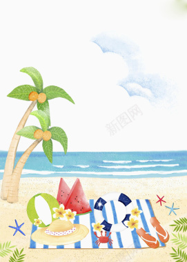 手绘夏日海滩风景旅游平面广告背景