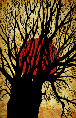 红色太阳黑色树木背景素材背景