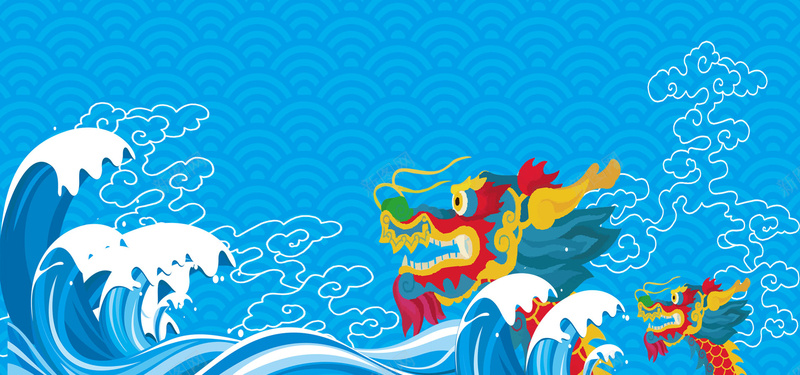 蓝色海浪中国风花纹龙卡通banner背景
