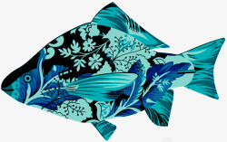 蓝绿色彩绘花纹鱼效果元素素材