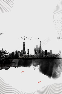 水墨上海中国风秋季旅游宣传海报背景