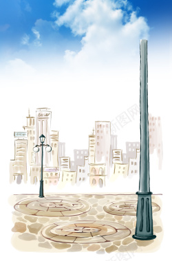 蓝天白云手绘漫画建筑背景素材背景