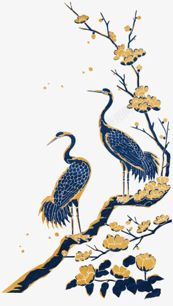 中式金色描边蓝色飞鹤素材
