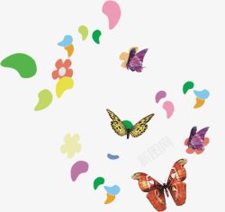 彩色花朵蝴蝶手绘装饰素材