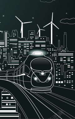 线描建筑火车电风车线条手绘海报背景背景