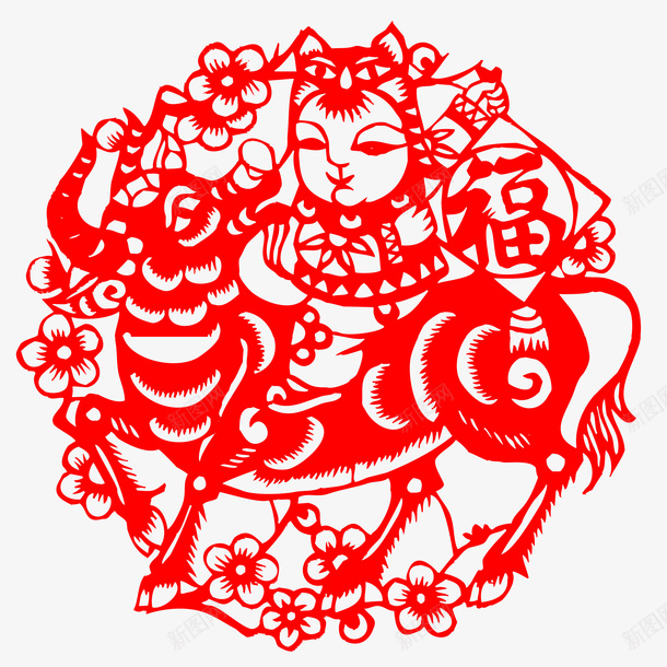 骑牛福娃剪纸牛年画矢量图ai免抠素材_88icon https://88icon.com 中式 剪纸牛 卡通 新年剪纸 牛图 牛年画 生肖牛 矢量图 福字 福字书法矢量图 镂空画 鲜花