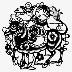 中式镂空骑牛娃元宝年画剪纸画矢量图高清图片