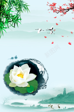 中国风水墨山水莲花春节背景素材背景