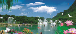 树林与瀑布风景山水风景画高清图片