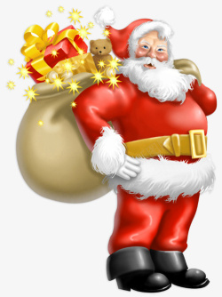 几何冷杉树背着满满一袋礼物的圣诞老人高清图片