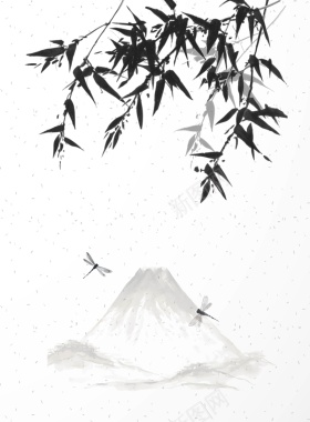 矢量中国风黑白水墨竹叶远山背景背景