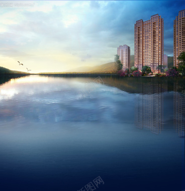 湖光远山建筑背景海报背景