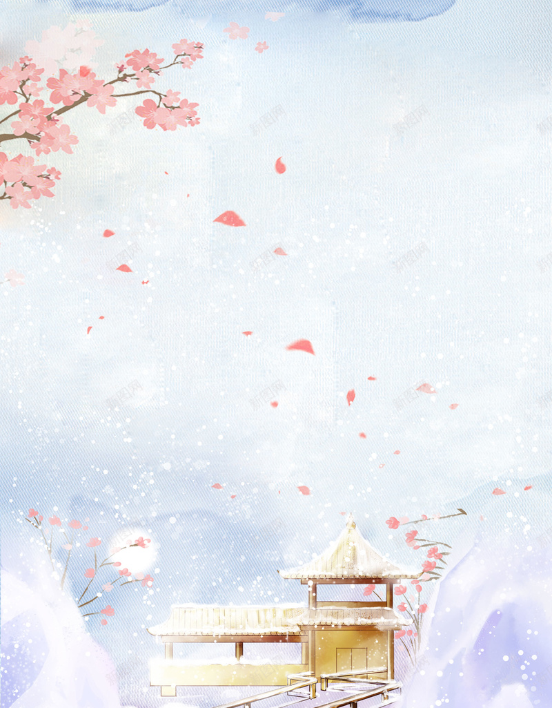冬季促销蓝色手绘女装促销雪景海报psd设计背景_88icon https://88icon.com 冬季促销 女装促销 手绘 蓝色 雪景 海报背景 花瓣 雪花 楼台 中国风