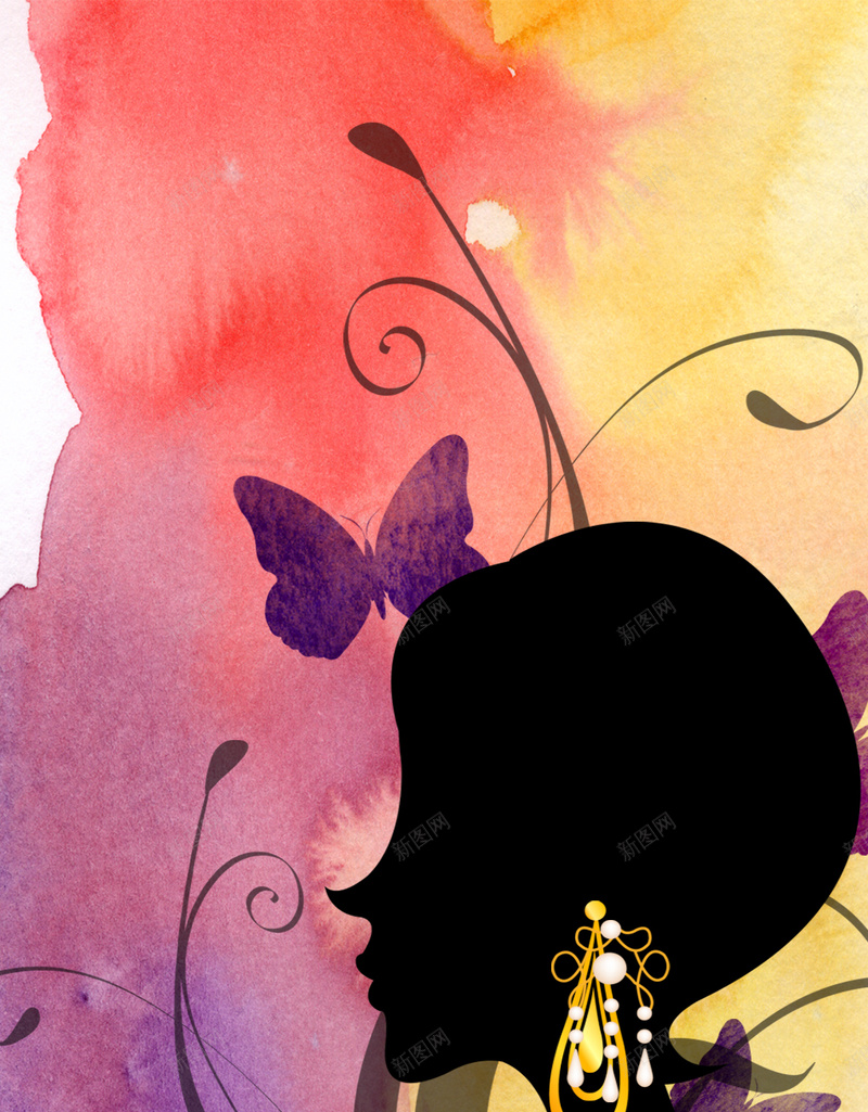 女人剪影与花纹水彩H5海报psd设计背景_88icon https://88icon.com 卡通 女人剪影 手绘 水彩 童趣 花纹