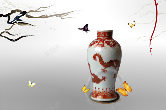 中国风蝴蝶花枝瓷器水墨背景素材背景