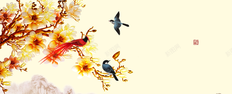 中国风花鸟画背景jpg设计背景_88icon https://88icon.com 中国风 花鸟画 风景 插画 树木 淘宝背景 海报banner