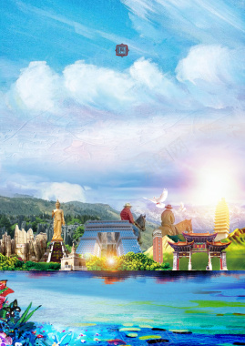 中国风水墨蓝天下湖上美景房地产背景素材背景