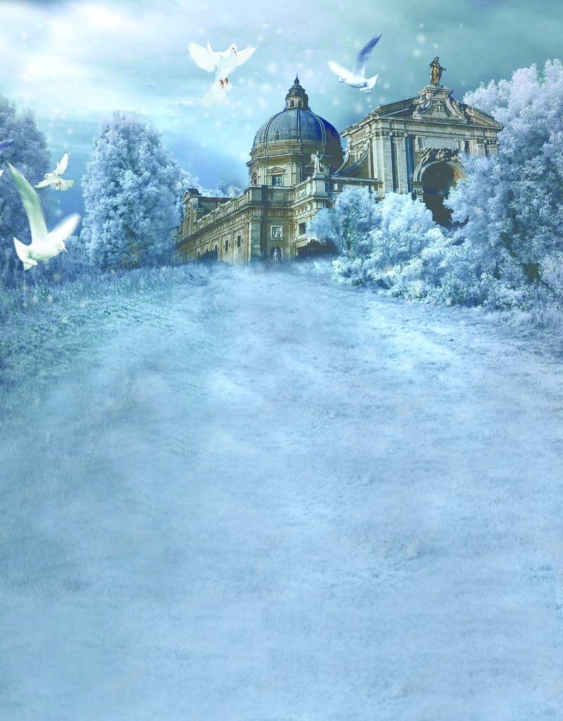 雪中的城堡jpg设计背景_88icon https://88icon.com 喜欢 城堡 树丛 梦幻 白雪皑皑 童话世界 美丽 雪中 鸽子