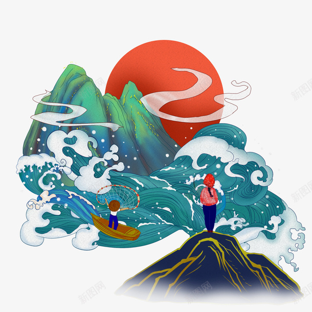 国潮海浪浪花插画psd免抠素材_88icon https://88icon.com 古典工笔画 和风海浪 国潮海浪浪花 有梦想的人 浪花插画 海浪