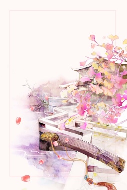 中国风水彩花卉古筝海报背景