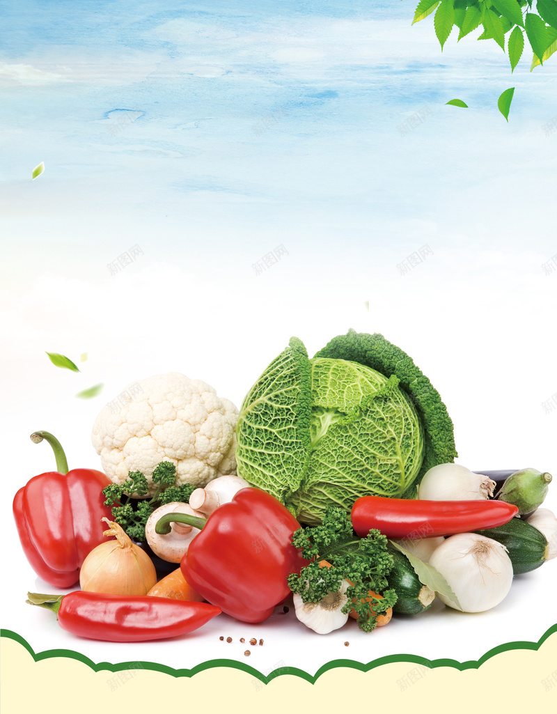 有机农产新鲜蔬菜海报psd设计背景_88icon https://88icon.com 新鲜 有机 海报 绿色 蔬菜 农产 健康 蓝天 绿叶 辣椒 背景 素材
