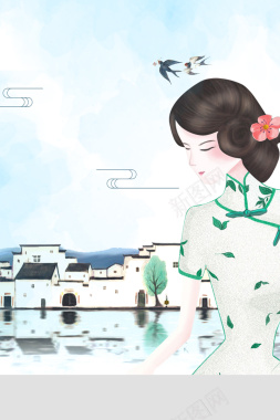 浅蓝色中国风旗袍少女江南中式庭院背景背景