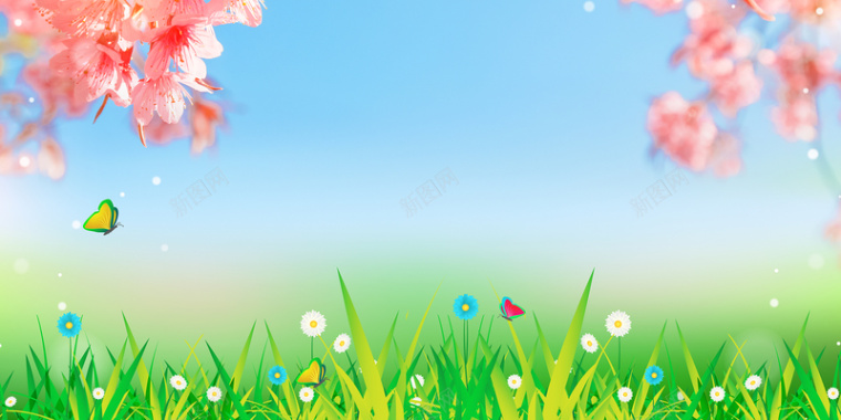 绿色清新花卉树枝草地春天通用展板背景背景