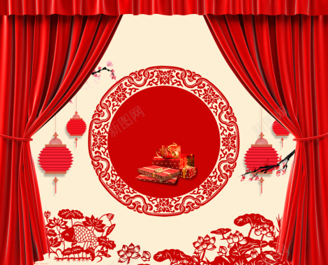 红色中国风剪纸海报背景背景