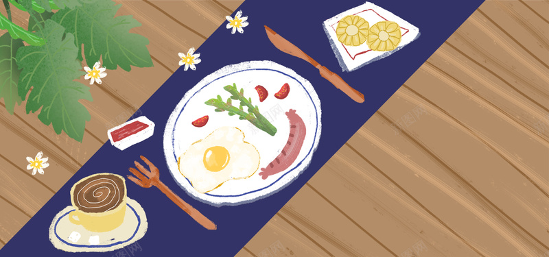 美食早餐荷包蛋banner海报psd设计背景_88icon https://88icon.com 刀叉 咖啡 早餐 桌布 火腿 盘子 美味 美食 花 荷包蛋 鸡蛋