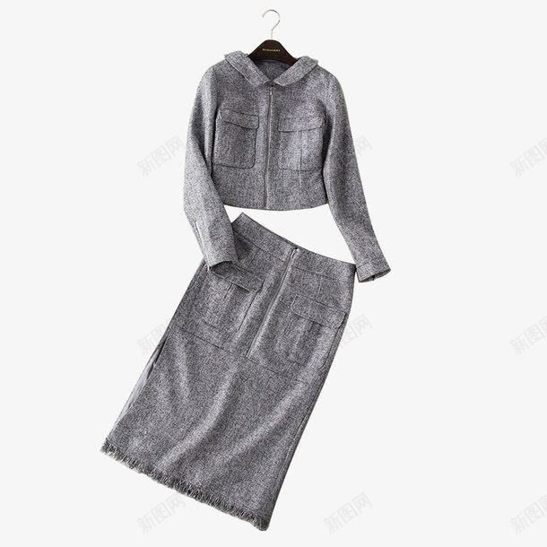 灰色冬装两件套png免抠素材_88icon https://88icon.com 中长款包臀裙 产品实物 翻领呢外套