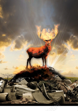小鹿头上的火焰背景背景