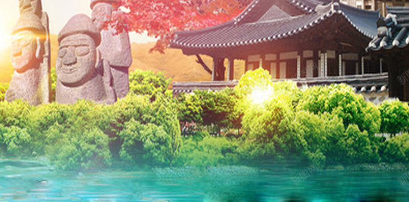 国外旅游H5海报素材jpg设计背景_88icon https://88icon.com 韩国首尔 建筑 大树 湖泊 蓝色 红色 旅游海报 旅游