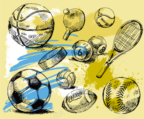 手绘球具设计矢量背景素材背景