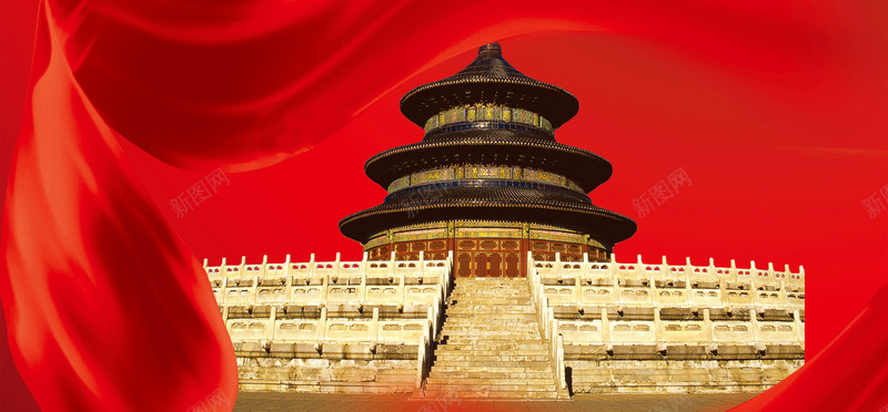 中国风天坛建筑红色丝绸背景banner背景