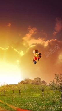 黄昏飞行的热气球H5背景背景