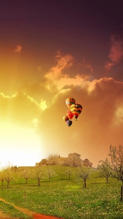 矢量文艺树素材黄昏飞行的热气球H5背景高清图片