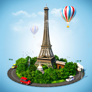 埃菲尔铁塔热气球汽车植物组合图背景