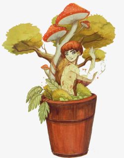 卡通彩绘木桶植物和人素材