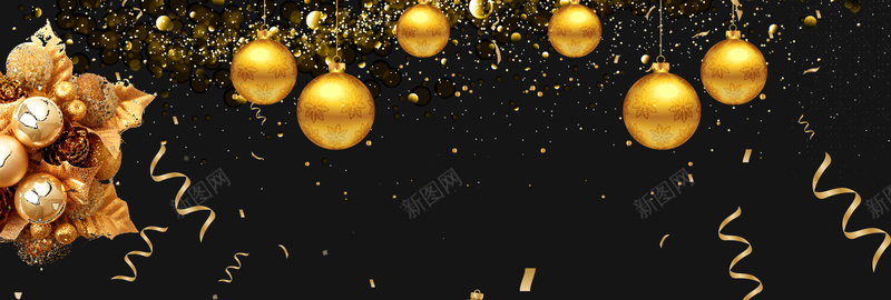 圣诞快乐黑金大气花朵球球bannerjpg设计背景_88icon https://88icon.com 圣诞快乐 大气 球球 花朵 质感 金带 金粉 黑金