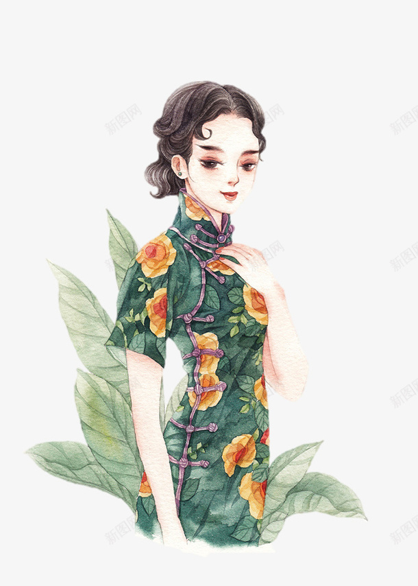 穿旗袍的女孩子png免抠素材_88icon https://88icon.com 女性 旗袍 旗袍展示 样式旗袍 绿叶 装饰