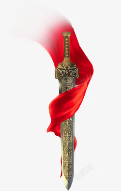 古代宝剑铜剑红绸缎飘扬红色素材