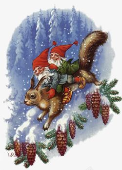 圣诞节红帽矮人与松鼠松果素材