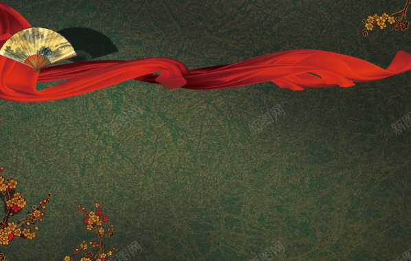 中国风古典花纹红丝绸绣花折扇背景素材背景