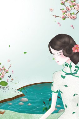 绿色中国风手绘古典旗袍人物背景背景
