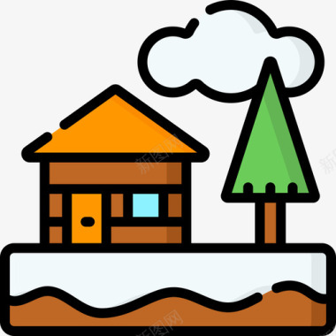 木屋冬季自然14线性颜色图标图标