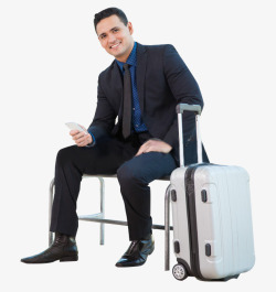 商务男士男人玩手机行李箱等飞机商务男人出差旅行左着素材