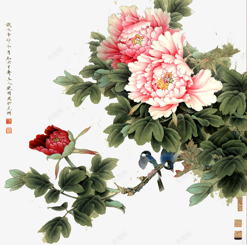 富贵牡丹花绘画传统国画古风水墨水彩壁纸花儿png图片免费下载