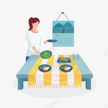 烹饪烘焙食物的女士扁平化UI人物图免扣扁平等距插画图标