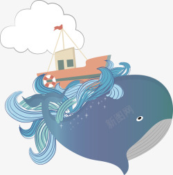 水彩卡通手绘海底海洋鲸鱼植物矢量印刷AI图案剪贴画素材
